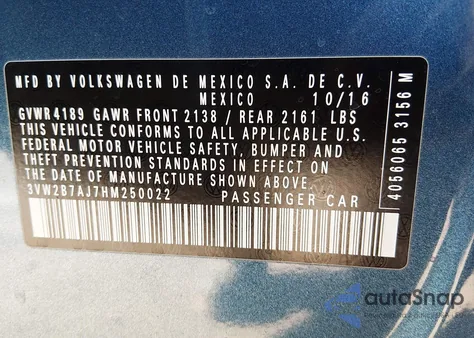 2017 Volkswagen Jetta 1.4T S z USA, uszkodzony, nr VIN 3VW2B7AJ7HM250022